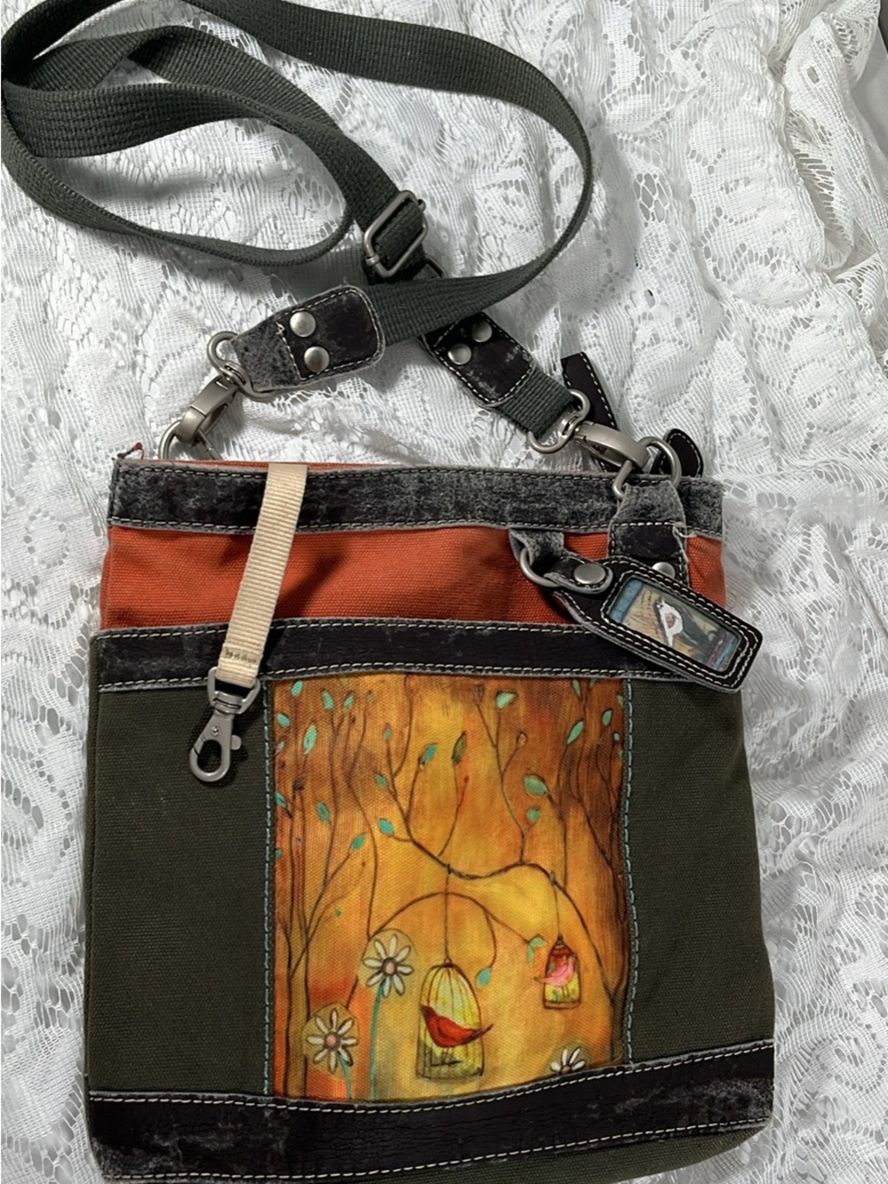 Sherpani Olive & Rust Canvas Crossbody with Bird Art